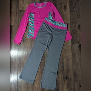 DANSKIN NOW Drimore Juniors XL Top & Leggings Gray + Bright Pink & Pattern Print